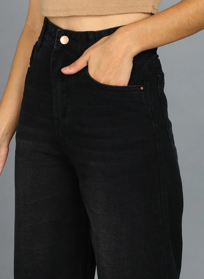 Urbano Fashion  Urbano Fashion Women's Black Regular Fit Wide Leg Washed Jeans for Women | Best Price UAE